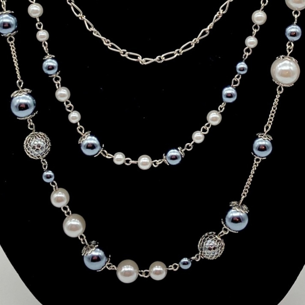 Faux Pearl Necklace, silver and grey beaded 3 strand 22”Jewelry Dressy Classy